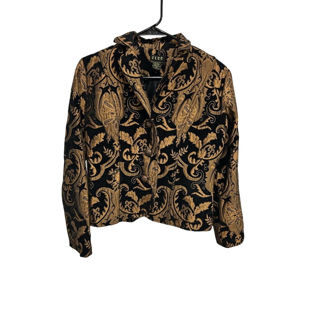 ELCC Jacket Medium Petite Black Gold Brocade Button Up Collar Glamorous